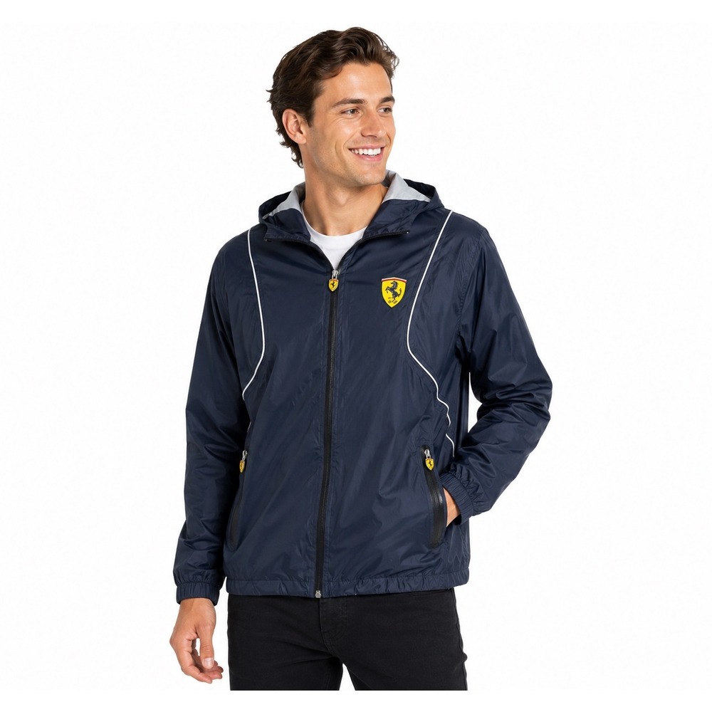 Ferrari Scuderia Mens Navy Blue Hooded Windbreaker Jacket Shield Logo M/L